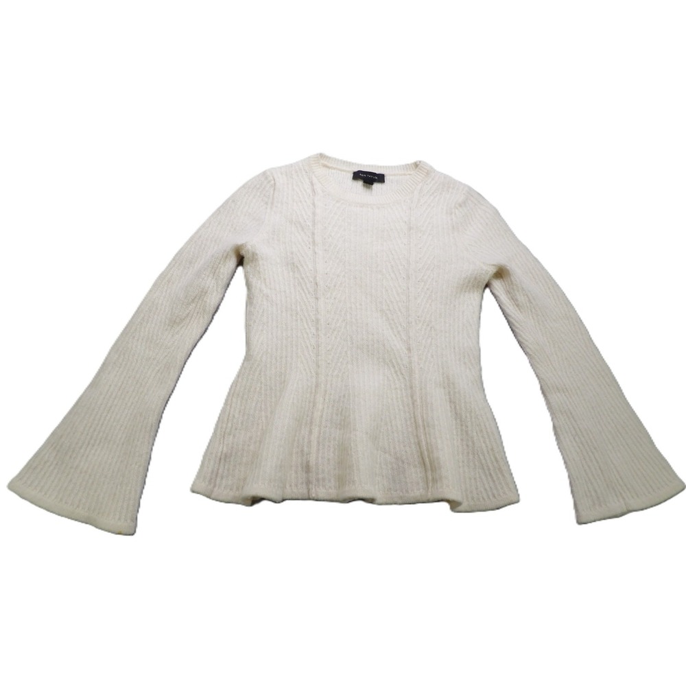 Ann Taylor Sweater Women S Cream Wool Blend Long Sleeve Ribbed Peplum Pullover